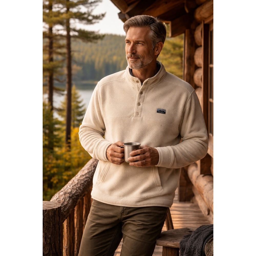 Eddie Bauer 1/4 Snap‎ Fleece Lined Sweater Mens Size XXL Beige Kangaroo Pocket